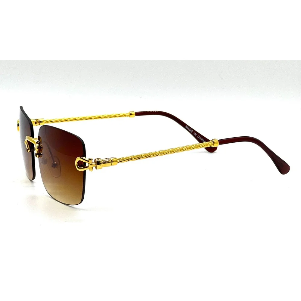Mens Square Sunglasses Gold Twisted Metal Frame Brown‎ Gradient  Classy Shades